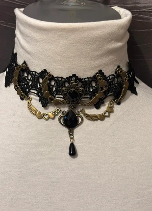 Ras de cou dark fantasy noir en dentelle avec connecteurs cœurs ailés en bronze double médaillon, brand: Fait Main, condition: Very good, €12.00, €13.30 includes Buyer Protection