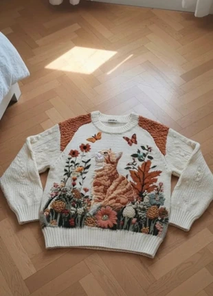 Pull tricot brodé chat et fleurs champêtres style vintage bohème, marque: LOOK, état: Très bon état, taille: S / 36 / 8, 55,00 €, 58,45 € Protection acheteurs incluse