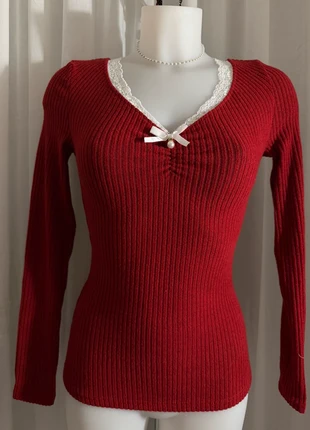 Pull bordeaux col en V avec dentelle et noeud blanc coquette S M, brand: COQUETTE, condition: Very good, size: Other, €17.50, €19.08 includes Buyer Protection