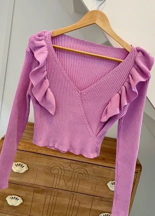 💜 Top Pull Cache Coeur Col V à Volants Lila Rose 🩷, condition: Very good, size: S / 36 / 8, €3.00, €3.85 includes Buyer Protection