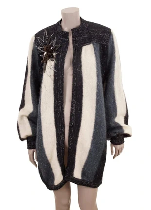 Manteau gilet long en mohair rayures noires & blanches broche fleur vintage – taille 38/40 (M/L), marca: Vintage Dressing, estado: Muy bueno, tamaño: M / 38 / 10, 120,00 €, 126,70 € Protección al comprador incluida