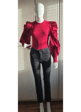 Long Sleeve Ribbed Top with puff Sleeves in Dark Red, brand: SMF, condition: New with tags, size: M / 38 / 10, €5.00, €5.95 includes Buyer Protection