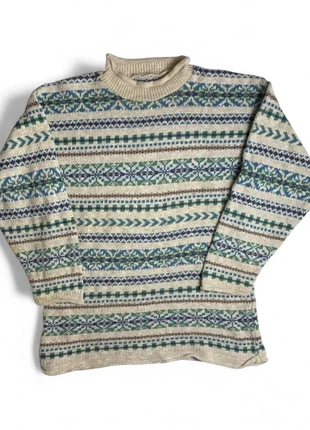 Pull jacquard col montant à motifs nordiques beige et vert - taille L femme, marque: Vintage Dressing, état: Très bon état, taille: L / 40 / 12, 14,00 €, 15,40 € Protection acheteurs incluse