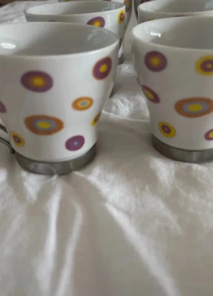 6 retro espresso cups with circles design, metal handles size ht 3 inches, brand: Source Unknown, condition: Very good, £4.00, £4.90 includes Buyer Protection