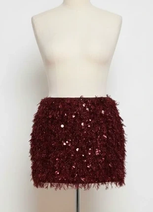 Jupe courte à sequins bordeaux frangée – style disco glamour fête, brand: LightStudio, condition: Very good, size: M / 38 / 10, €30.00, €32.20 includes Buyer Protection