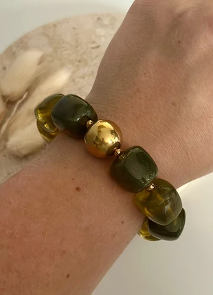 Bracelet élastique perles vertes marbrées et dorées en acier inoxydable, merk: Boutique Parisienne, staat: Heel goed, € 19,00, € 20,65 inclusief Kopersbescherming Pro