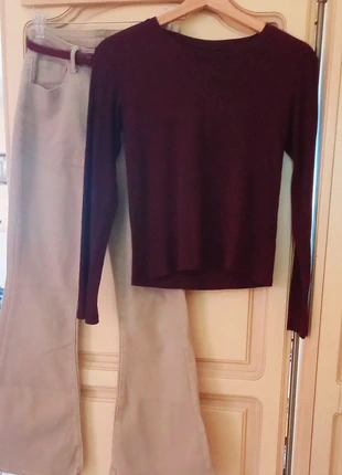 Ensemble élégant : top bordeaux manches longues + pantalon beige, condition: Very good, size: XS / 34 / 6, €6.00, €7.00 includes Buyer Protection
