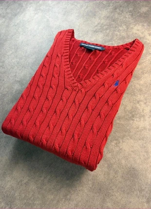 Pull col V torsadé Ralph Lauren / rouge logo brodé bleu/ taille L / femme, merk: Ralph Lauren, staat: Heel goed, maat: L / 40 / 12, € 45,00, € 47,95 inclusief Kopersbescherming
