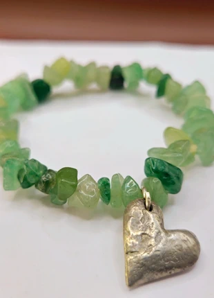 Vintage Green Gemstone Chip Bracelet – Aventurine Style Beads with Silver Tone Heart Charm, brand: Fashion, condition: Good, £5.95, £6.95 includes Buyer Protection Pro