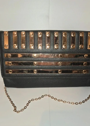 Miss Selfridge Black & Gold Detail Faux Leather Shoulder/Clutch Bag, brand: Miss Selfridge, condition: Very good, £8.00, £9.10 includes Buyer Protection