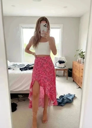 jupe longue rose portefeuille à imprimé floral #093, merk: Fleur d'été, staat: Heel goed, maat: M / 38 / 10, € 29,99, € 32,19 inclusief Kopersbescherming