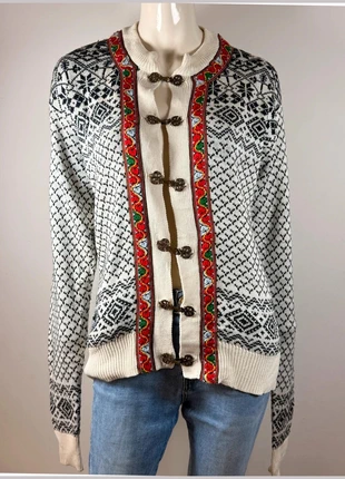 Norwegian Wool & Acrylic Cardigan – White & Navy Nordic Pattern with Silver Clasps (M), marca: Vintage Dressing, estado: Muito bom, tamanho: M / 38 / 10, €30.90, €33.15 inclui Proteção do Comprador