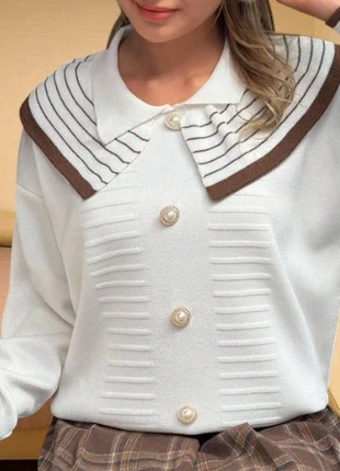 Cardigan Tricoté Boutonné Col Large Rayé Marron - Blanc T. S, brand: Belle d’Azur, condition: Very good, size: S / 36 / 8, €35.00, €37.45 includes Buyer Protection Pro