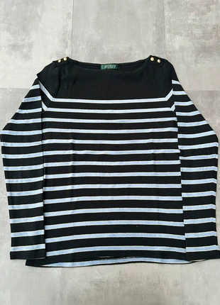 Haut rayé boutons épaules – Ralph Lauren – Femme PL – noir bleu clair doré, marke: Ralph Lauren, zustand: Sehr gut, größe: L / 40 / 12, 16,00 €, 17,50 € inklusive Vinted-Käuferschutz