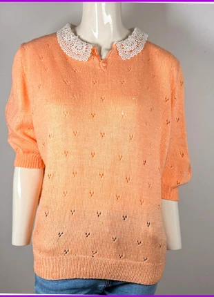 Peach vintage knitted sweater with lace collar, cute retro style, marque: Vintage Dressing, état: Bon état, taille: S / 36 / 8, 10,90 €, 12,15 € Protection acheteurs incluse