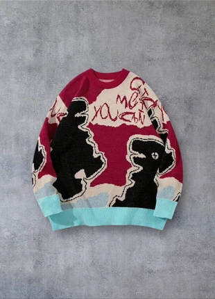 Pull Vintage Y2K Motifs Dinosaures Noir Rouge Taille M - Américain Old School USA 90s Streetwear, brand: Aesthetic, condition: Very good, size: M, €59.90, €63.60 includes Buyer Protection