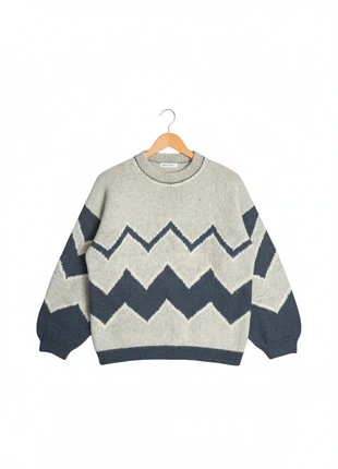 RÉF2534 Pull Vintage Fait Main Laine Motif Chevron Oversize Bleu Marine Beige Gris Manches Ballon, marque: Fait Main, état: Très bon état, taille: L / 40 / 12, 19,00 €, 20,65 € Protection acheteurs incluse
