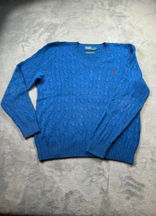 Pull Ralph Lauren torsadé col V - Couleur bleu logo brodé cheval rouge - très bon état /Taille L, marca: Ralph Lauren, estado: Muito bom, tamanho: L / 40 / 12, €40.00, €42.70 inclui Proteção do Comprador