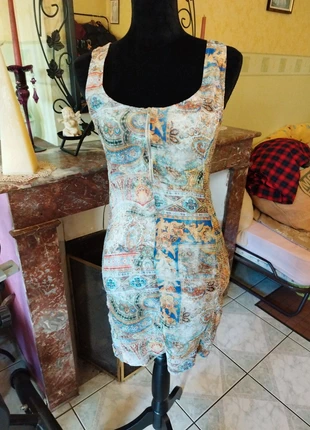 Robe drapé beige bleu aztèque baroque bodycon style vintage XS/34 y2k draped dress, état: Très bon état, taille: XS / 34 / 6, 15,00 €, 16,45 € Protection acheteurs incluse