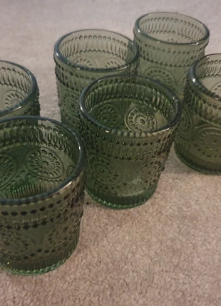 6 green glass tealight holders, brand: Source Unknown, condition: Good, £5.00, £5.95 includes Buyer Protection