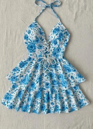 Robe bustier blanche à fleurs bleues – dos nu & volants, brand: bleuet sauvage, condition: Very good, size: S / 36 / 8, €34.99, €37.44 includes Buyer Protection
