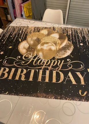 Banderole happy birthday noire et or en tissu fin très bon état, état: Très bon état, 3,00 €, 3,85 € Protection acheteurs incluse