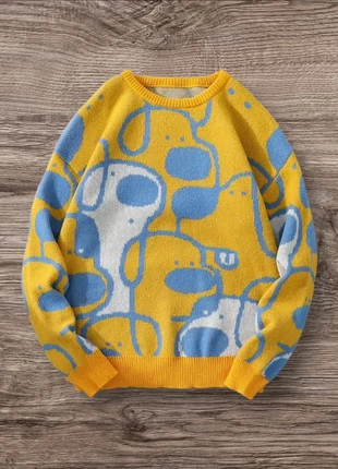 Pull Vintage Jaune Bleu Clair Chiens Taille XL - Grunge 90s Y2K Knit Streetwear Retro Oversize, merk: y2k, staat: Heel goed, maat: XL, € 58,99, € 62,64 inclusief Kopersbescherming Pro