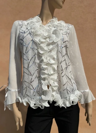 Chemisier à froufrous style vintage 80s - Taille L, merk: Vintage Dressing, staat: Heel goed, maat: L / 40 / 12, € 16,00, € 17,50 inclusief Kopersbescherming