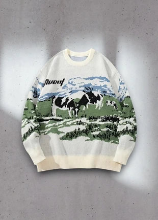 Pull d'hiver Y2K Style Old School - Taille M - Motif Vaches - Blanc Vert - Coupe lose #4, brand: Aesthetic, condition: Very good, size: M, €44.00, €46.90 includes Buyer Protection