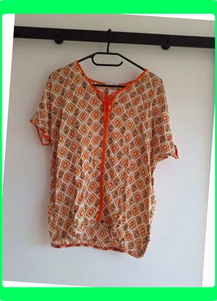R0500. Blouse épaules ouvertes imprimée orange Promod T40, brand: Promod, condition: Very good, size: L / 40 / 12, €5.00, €5.95 includes Buyer Protection Pro