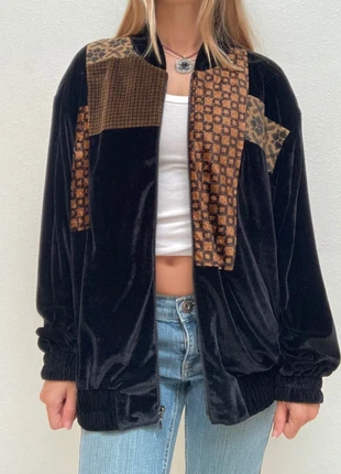 Vintage ‘90s velvet patchwork grunge track jacket, brand: City Girl, condition: Very good, size: 14 / L, $6.00, $7.00 includes Buyer Protection