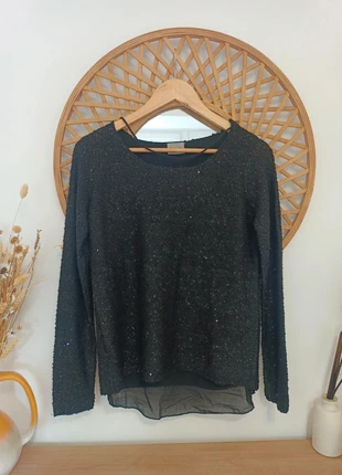 Jersey negro de lentejuelas Vero Moda con abertura trasera y gasa, marque: Vero Moda, état: Très bon état, taille: S / 36 / 8, 12,00 €, 13,30 € Protection acheteurs incluse