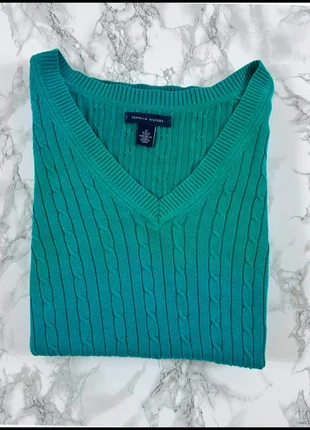 Sweat/Pull Tommy Hilfiger Vert / Torsadé/ Col V / Logo brodé / Taille M Femme, marke: Tommy Hilfiger, zustand: Sehr gut, größe: M / 38 / 10, 23,00 €, 24,85 € inklusive Vinted-Käuferschutz