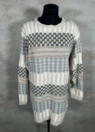 Pull Hiver Ethnic Vintage 80s 90s y2k Vintage gris clair damier bleu taille 46, merk: Vintage Dressing, staat: Heel goed, maat: XL / 42 / 14, € 24,00, € 25,90 inclusief Kopersbescherming Pro