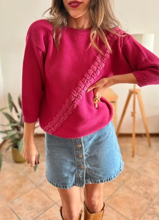 1980's vintage fuchsia knit pullover with texture asymmetrical knit detail, brand: Unique Vintage, condizioni: Ottime, taglia: S / IT 40 / EU 36, €18.00, €19.60 include la Protezione acquisti Pro