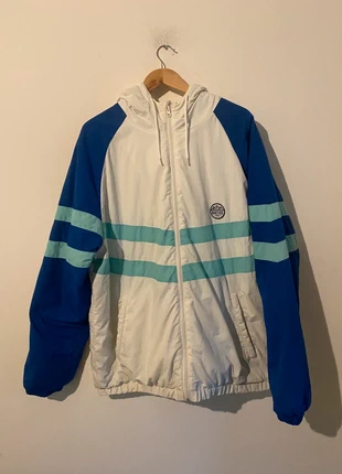Veste coupe vent doudoune homme Xl blanc bande turquoise et bleu intérieur polaire style 90s vintage, état: Très bon état, taille: XL, 30,00 €, 32,20 € Protection acheteurs incluse