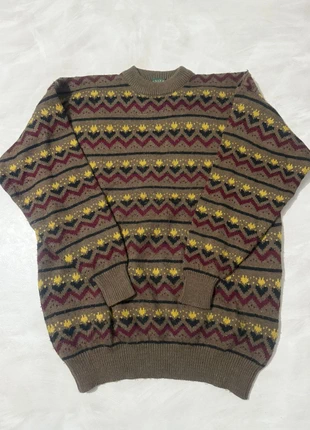 Rare Green Leaves Crewneck, Vintage 90s, Aztec Geometric Knit, Brown Yellow, Sz XL, Boxy Fit, marca: Vintage Dressing, estado: Muy bueno, tamaño: XL, 24,99 €, 26,94 € Protección al comprador incluida