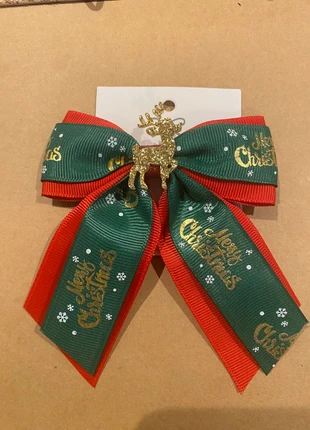 Beautiful dark green, red and gold bow hair clip with merry Christmas and gold glittery reindeer., condition: New with tags, £2.00, £2.46 includes Buyer Protection