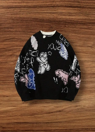 Pull Vintage Y2K Motifs Dinosaures Noir Taille L - Américain Old School USA 90s Streetwear, brand: Aesthetic, condition: Very good, size: L, €54.90, €58.35 includes Buyer Protection