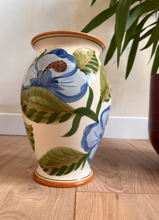 Grand vase vintage en céramique – motif fleuri vert & bleu, brand: Inconnu, condition: Very good, €16.00, €17.50 includes Buyer Protection
