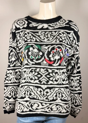Black & White Vintage Jacquard Sweater for Women, artistic embroidered details (size M), marca: Vintage Dressing, estado: Muito bom, tamanho: M / 38 / 10, €18.90, €20.55 inclui Proteção do Comprador