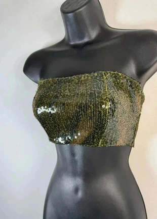 Bershka olive green sequin strapless crop top size small festival rave edm glasto boomtown, brand: Bershka, condition: New with tags, size: S / UK 8-10, £7.00, £8.05 includes Buyer Protection