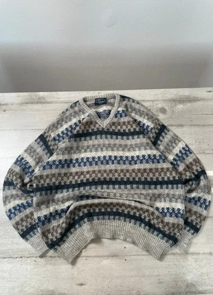 Pull d’hiver homme vintage y2k taille L à col V couleur beige bleu à motifs 50% laine, merk: Vintage Dressing, staat: Heel goed, maat: L, € 17,99, € 19,59 inclusief Kopersbescherming Pro