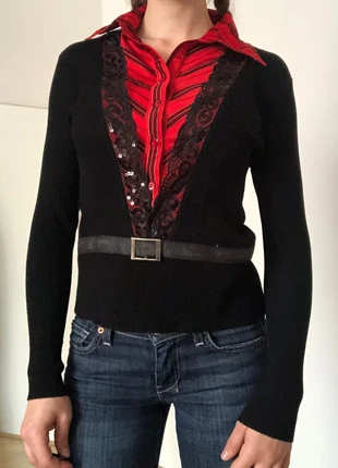 glittery layered y2k longsleeve wool sweater blouse shirt top, ribbed belt holiday christmas top, marke: layered wool blouse, zustand: Gut, größe: S / 36 / 8, 24,00 €, 25,40 € inklusive Vinted-Käuferschutz