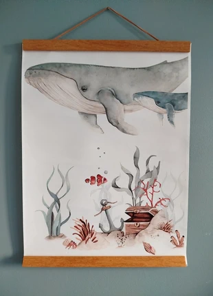 Affiche A3 - Thème océan baleine couleur pastelle trésor, staat: Heel goed, € 8,00, € 9,10 inclusief Kopersbescherming Pro