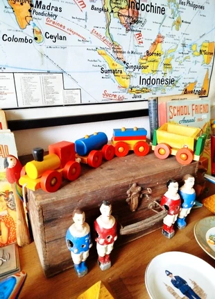 Train en bois vintage – Locomotive + wagons marchandises | WJ's 1990 | jeu enfant rétro, brand: Vintage, condizioni: Ottime, taglia: Taglia unica, €8.00, €9.10 include la Protezione acquisti