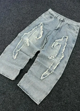 Pantalon baggy en jean bleu avec filaments blancs – style Y2K vintage, brand: y2k, condition: Very good, size: L, €44.99, €47.94 includes Buyer Protection