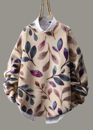 Pull oversize à motif feuillage (beige multicolore) tendance, marca: Vintage Dressing, estado: Novo sem etiquetas, tamanho: XXL / 44 / 16, €43.00, €45.85 inclui Proteção do Comprador