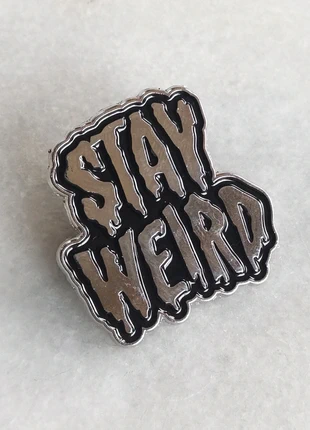 Large black and silver 'Stay Weird' pin badge., condition: New without tags, £1.30, £2.07 includes Buyer Protection