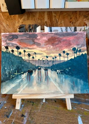 Aquarelle originale : Route nocturne sous les palmiers, marca: Art, estado: Nuevo con etiquetas, 15,00 €, 16,45 € Protección al comprador incluida